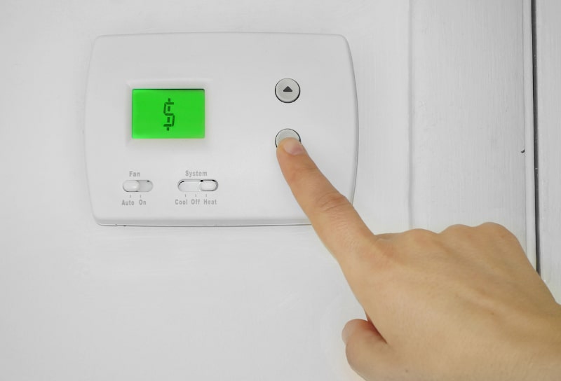 person trying to set thermostat that's displaying dollar sign